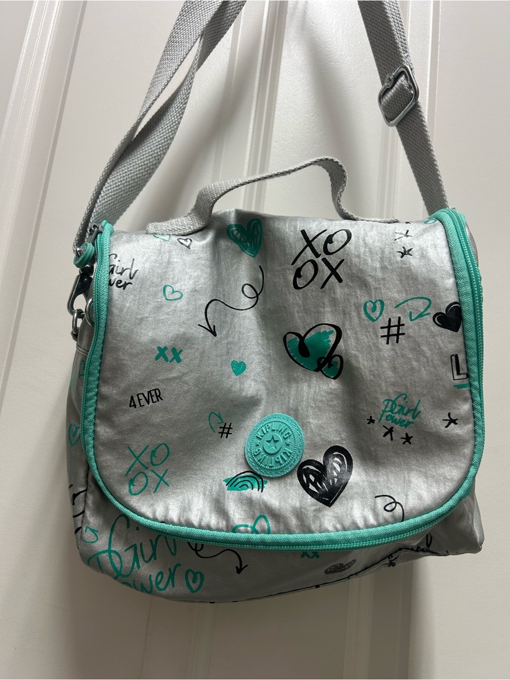 Kipling Kichirou Insulated lunch bag metallic doodle print, teal logo & trim